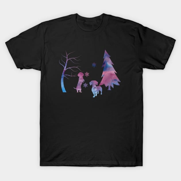 Dachshund Winter Forest Art With Snowflakes T-Shirt by BittenByErmines